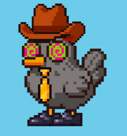 Pixel hen wearing a cowboy hat, hypno glasses, and a yellow tie