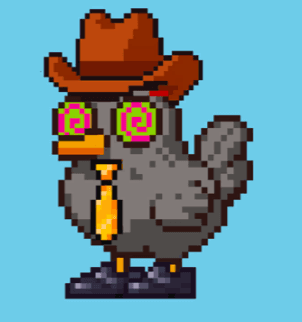 Pixel hen wearing a cowboy hat, hypno glasses, and a yellow tie