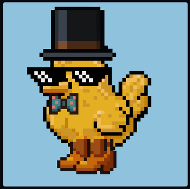 Pixel chicken wearing a top hat, pixel shades, a bow tie, and cowboy boots
